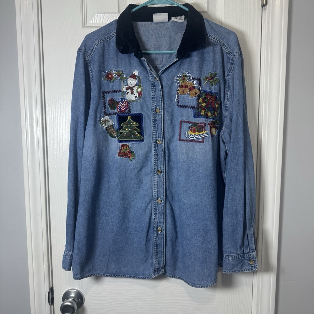 VTG Bobbie Brooks Denim Shirt Women XL Button Down‎ Embroidered Christmas Winter